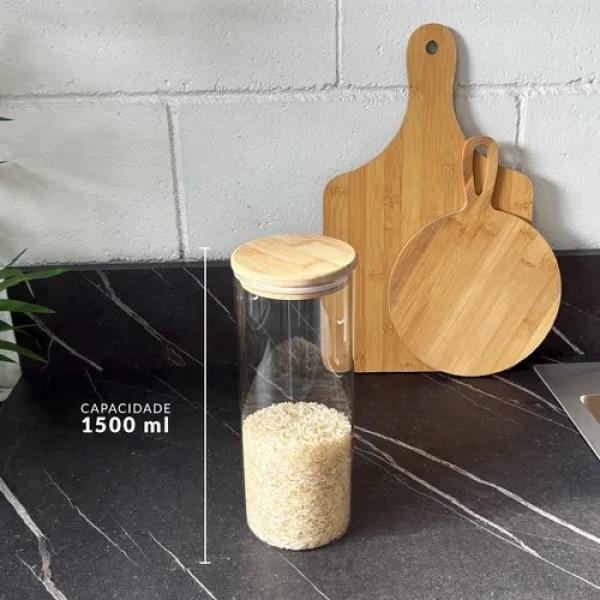 Pote de Vidro Hermético com Tampa de Bambu - 1500ml