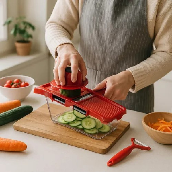 Jogo 6 Peças Ralador e Fatiador de Alimentos Com 4 Lâminas - Vermelha