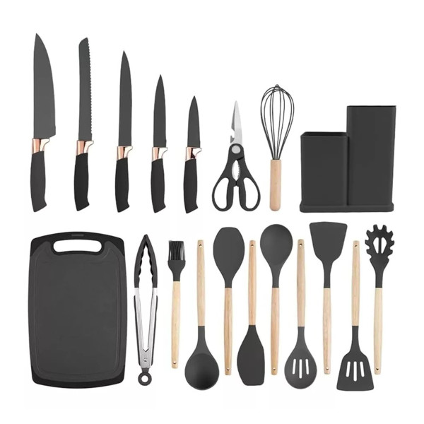 Kit 19 Utensílios De Cozinha Silicone Cabo De Madeira Faca Tábua