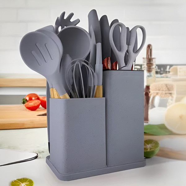Kit 19 Utensílios De Cozinha Silicone Cabo De Madeira Faca Tábua