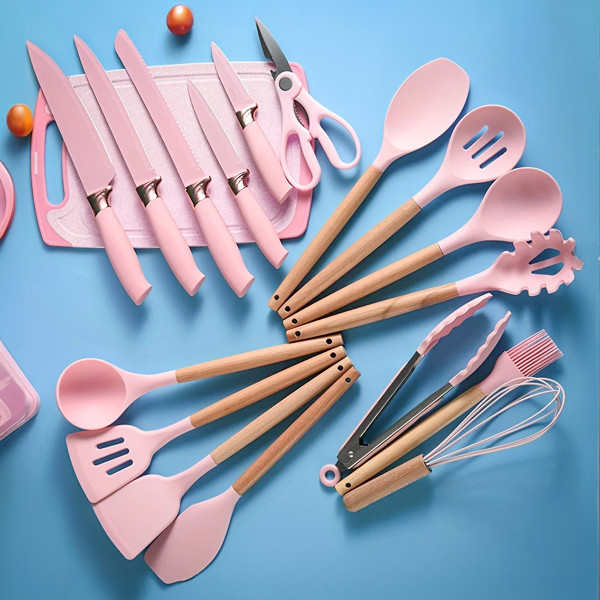 Kit 19 Utensílios De Cozinha Silicone Cabo De Mad...