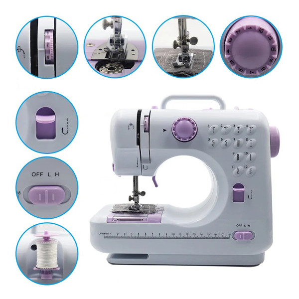 Mini Máquina De Costura 12 Pontos Portátil Tomada Pilha Branco