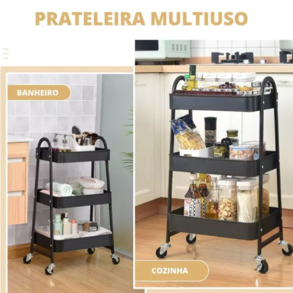 Prateleira de Metal Multiuso 3 Andares Com Rodinhas - Preto