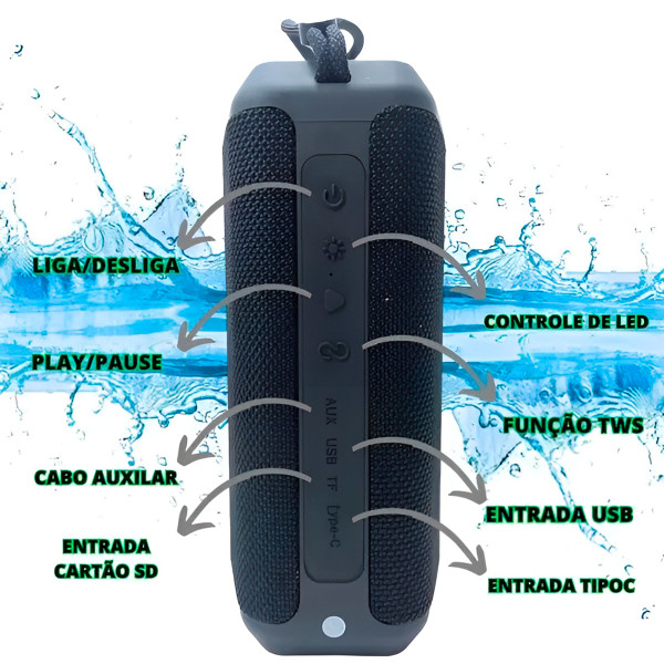 Caixa de Som Bluetooth Portátil LED RGB Resistente à Água