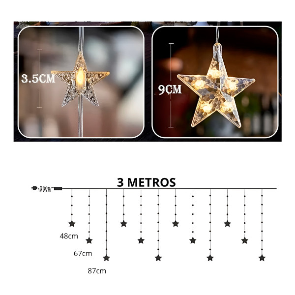 Cascata Estrelas 128 LEDs 8 Funções Uso Externo Decoração