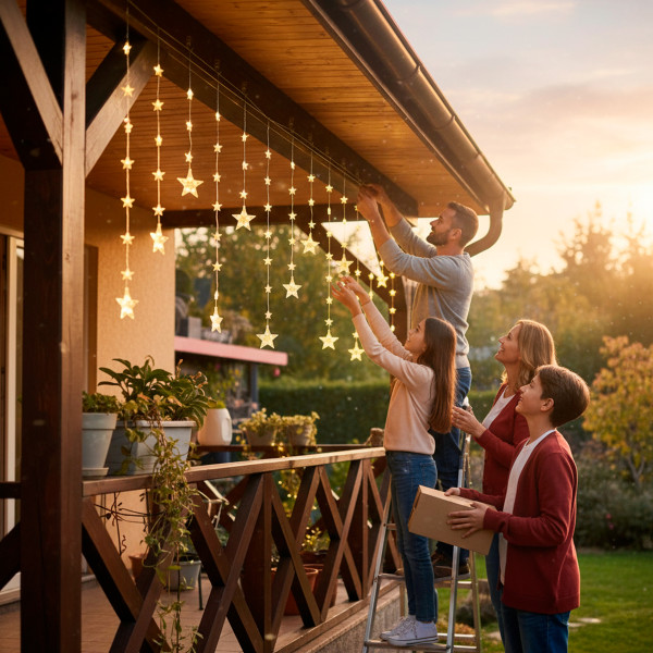 Cascata Estrelas 128 LEDs 8 Funções Uso Externo Decoração
