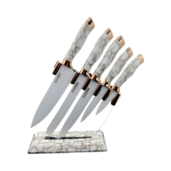 Conjunto 5 Facas Estilo Mármore Suporte Cozinha U...