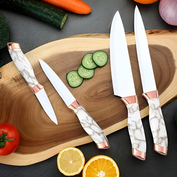 Conjunto 5 Facas Estilo Mármore Suporte Cozinha Utensílios