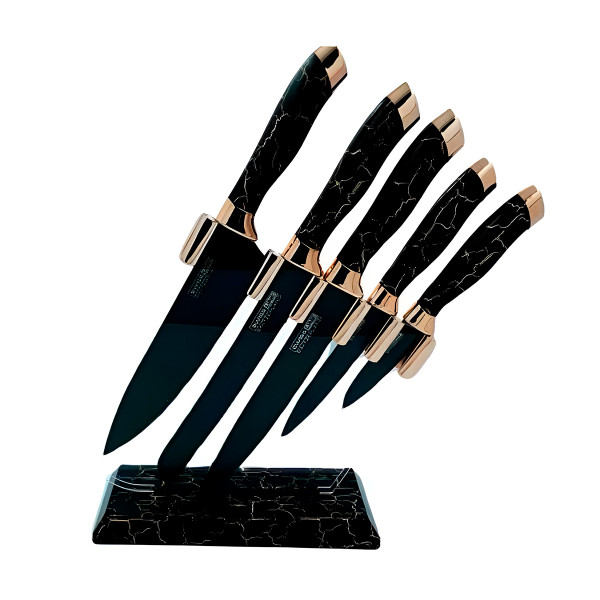 Conjunto 5 Facas Estilo Mármore Suporte Cozinha Utensílios