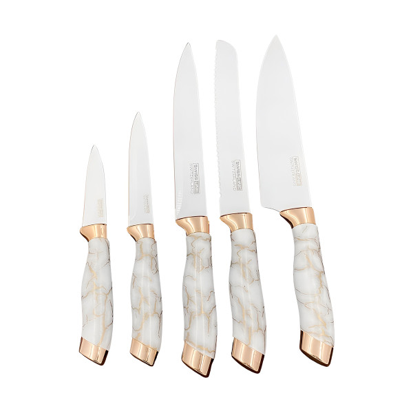 Conjunto 5 Facas Estilo Mármore Suporte Cozinha Utensílios