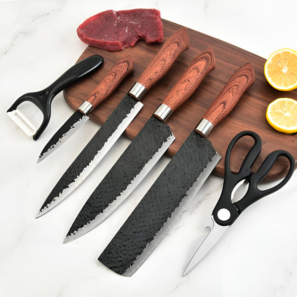 Conjunto Facas Utensílios 6 Peças Aço Inox Preto Craquelado