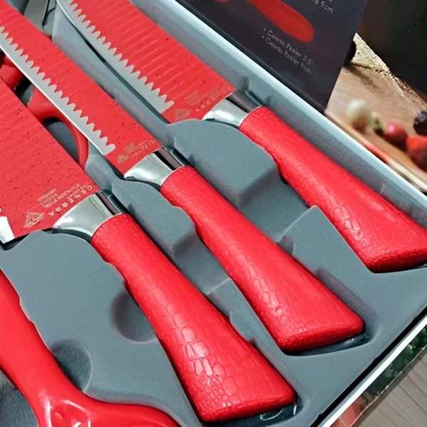 Conjunto Jogo Facas 6 Peças Tesoura Aço Inox Vermelho