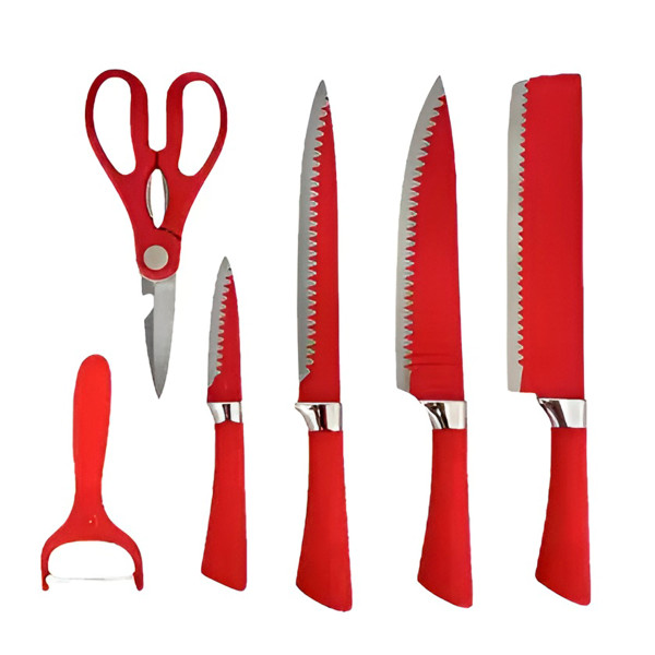 Conjunto Jogo Facas 6 Peças Tesoura Aço Inox Vermelho
