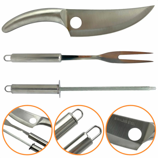 Kit Churrasco 3 Peças Faca Garfo Chaira Aço Inox Presente