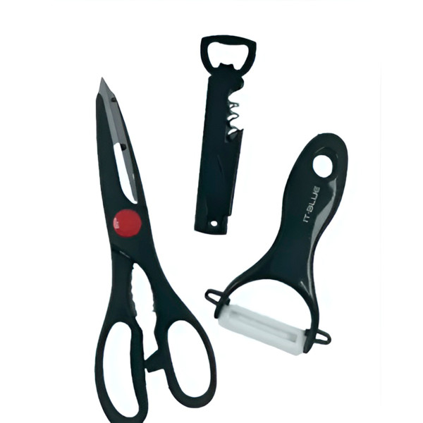 Kit Cozinha 3 Peças Tesoura Descascador Abridor Utensílios