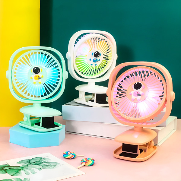 Mini Ventilador Luz LED Presilha Fixador USB Recarregável