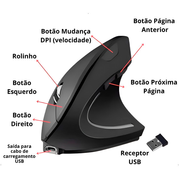 Mouse Vertical Sem Fio Wireless Bluetooth Receptor