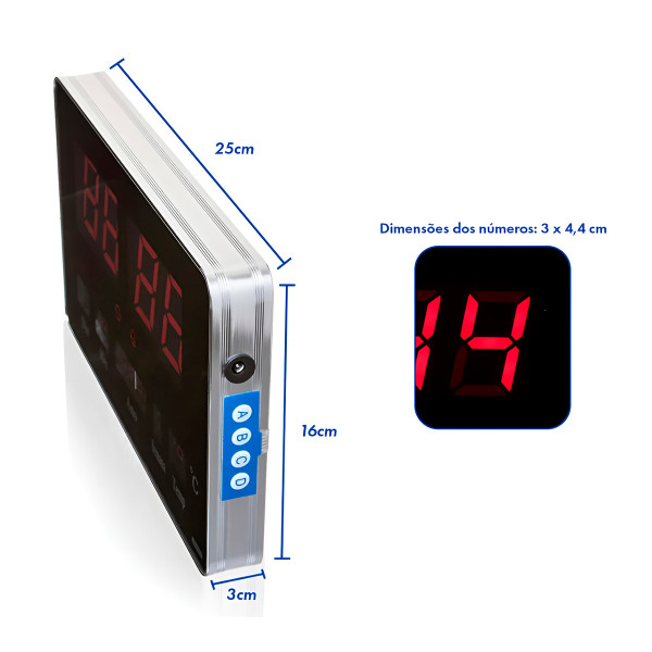 Relógio Parede Digital LED Data Hora Termômetro 25cm