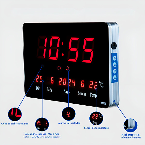 Relógio Parede Digital LED Data Hora Termômetro 25cm