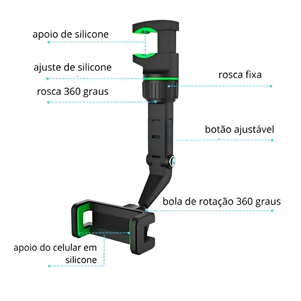 Suporte Retrovisor Veicular Celular 360 Graus Articulado