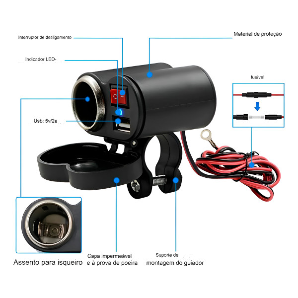 Tomada USB para Moto 12v Carregador Acendedor Cigarro