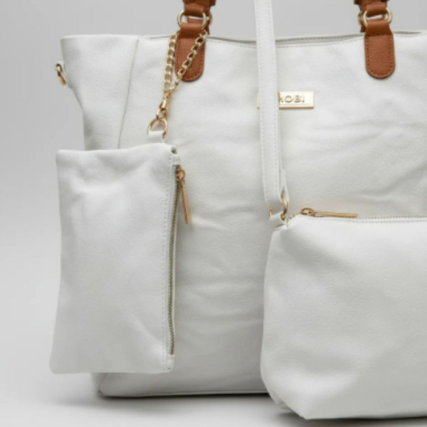 Kit 3 Peças Bolsa Feminina - Branco com Alça Caramelo