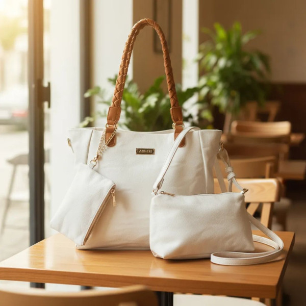 Kit 3 Peças Bolsa Feminina - Branco com Alça Caramelo