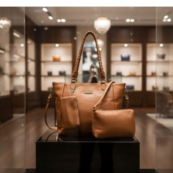 Kit 3 Peças Bolsa Feminina Com Alça Trançada - Caramelo