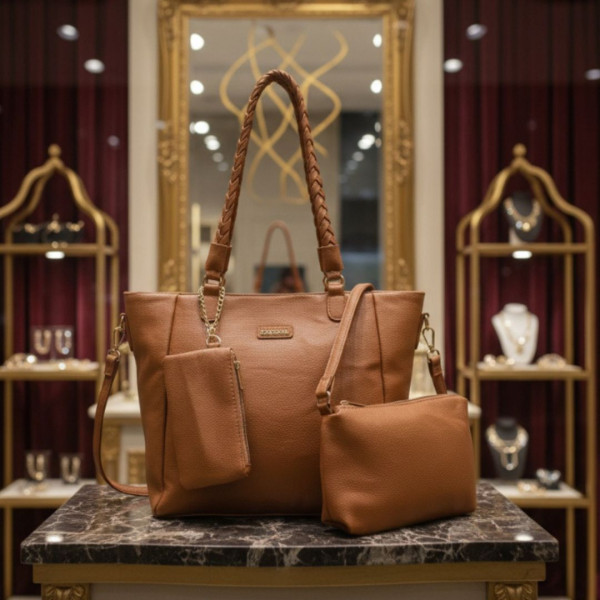 Kit 3 Peças Bolsa Feminina Com Alça Trançada - Caramelo