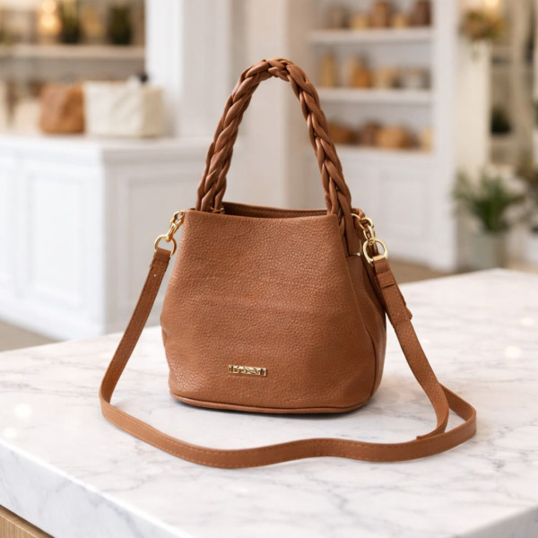 Bolsa Feminina Transversal com Alça Trançada - Caramelo