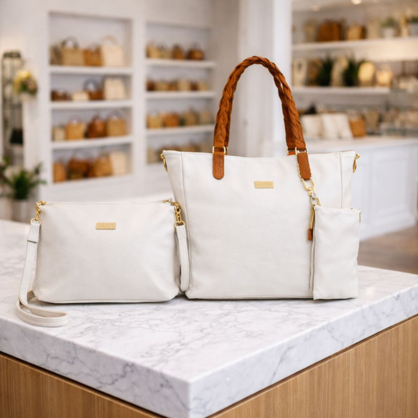Kit 3 Peças Bolsa Feminina Estilo Tote - Branca Com Alça Caramelo