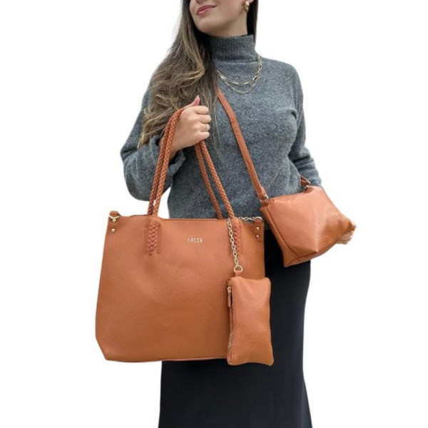 Kit 3 Peças Bolsa Feminina Estilo Tote - Caramelo