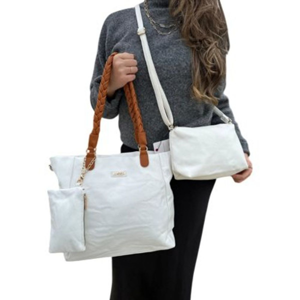 Kit 3 Peças Bolsa Feminina - Branco com Alça Caramelo