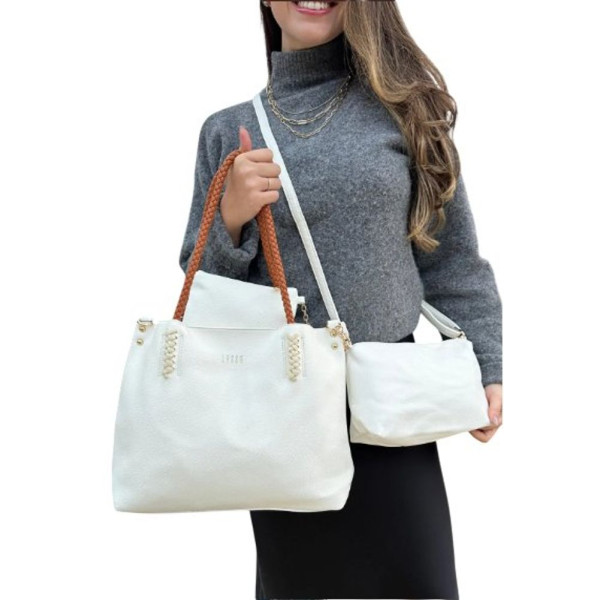 Kit 3 Peças Bolsa Feminina Estilo Tote - Branca Com Alça Caramelo
