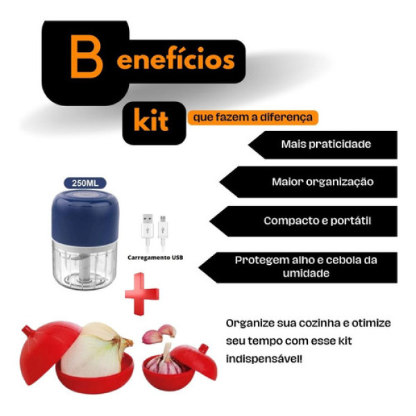 Kit Porta Alho E Cebola 2 Peças E Mini Processador Triturado