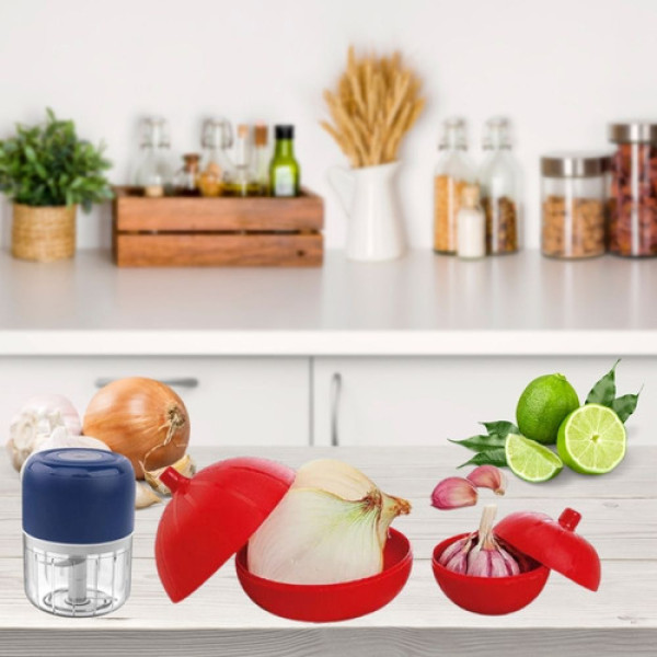 Kit Porta Alho E Cebola 2 Peças E Mini Processador Triturado