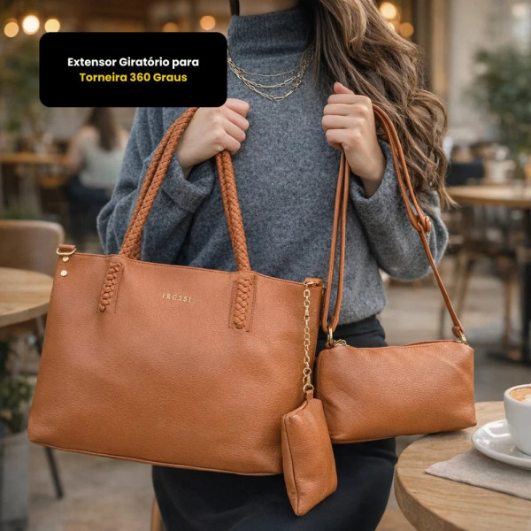Kit 3 Peças Bolsa Feminina Estilo Tote - Caramelo